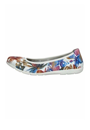 Ballerines à imprimé floral avec une tige synthétique blanche ornée de fleurs multicolores, bout arrondi et semelle en caoutchouc flexible.