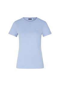 T-shirt in cotone azzurro chiaro con maniche corte, scollatura rotonda e logo ricamato sottile sul petto. Tessuto morbido, vestibilità casual.