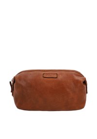 Brown leather cosmetic bag with a soft texture, rounded shape, and a zipper closure. Features a small embossed logo on the front.