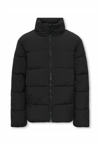 Doudoune noire avec col montant, fermeture éclair sur le devant et motif matelassé horizontal. Fabriquée dans un tissu léger et doux.