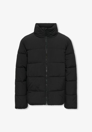 Schwarze Pufferjacke mit Stehkragen, Frontreißverschluss und horizontalem Steppmuster. Hergestellt aus weichem, leichtem Material.