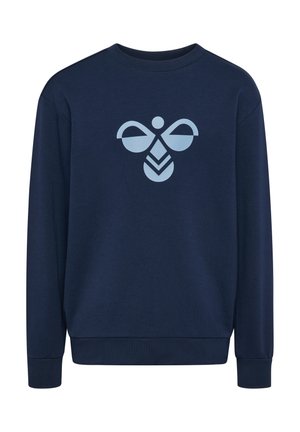 Marineblå sweatshirt med et lyseblåt geometrisk bi-design centreret på brystet, med lange ærmer og ribstrikkede manchetter og kant.