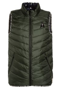 Green puffy vest with a high collar, zip closure, angled pockets, and branding detail on the shoulder straps. Textured, quilted pattern.