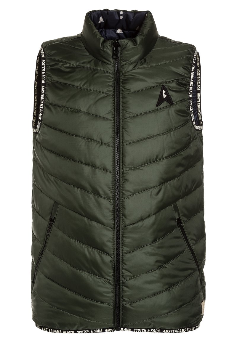 Green puffy vest with a high collar, zip closure, angled pockets, and branding detail on the shoulder straps. Textured, quilted pattern.