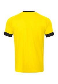 Gelbes Sporthemd mit schwarzen Akzenten, mit kurzen Ärmeln, einem runden Halsausschnitt und einer glatten Textur. Rückansicht gezeigt.
