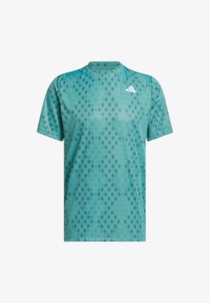 Teal athletic t-shirt made of breathable fabric featuring a diamond pattern; crew neck; short sleeves; accent logo on the chest.