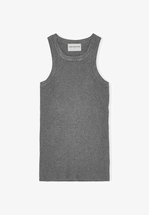 Graues geripptes Tanktop aus einer Baumwollmischung, mit rundem Ausschnitt und weiten Armausschnitten, mit einem eingenähten Etikett im Nacken.