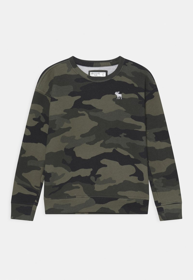 Green and black camo pullover sweatshirt with a round neck, long sleeves, and a small logo on the chest. Cotton blend material.