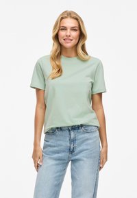 Gai zaļš kokvilnas T-krekls ar īsām piedurknēm, apaļu kakla izgriezumu, brīvu piegriezumu, valkāts ar augsto vidukļa zilu džinsu biksēm. Vienkāršs un klasiskš dizains.