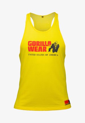 Débardeur en coton jaune avec "GORILLA WEAR" en lettres rouges épaisses et un graphique de gorille noir. Comprend une étiquette avec le logo.