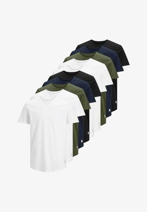 Stak af ti ensfarvede t-shirts med korte ærmer og rund hals i skiftevis farver: hvid, olivengrøn, mørkeblå og sort.