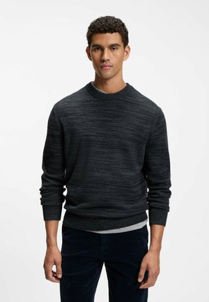 Hombre con cabello corto y rizado, vestido con un jersey oscuro gris con estampado sobre una camisa gris clara y pantalones oscuros, de pie frente a un fondo blanco liso.