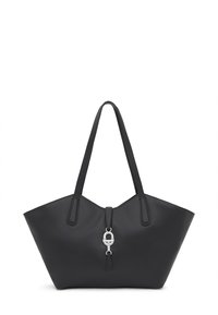 Borsa tote in pelle nera con ampia apertura superiore, forma strutturata, doppi manici a spalla e dettaglio in metallo lucido argento al centro.