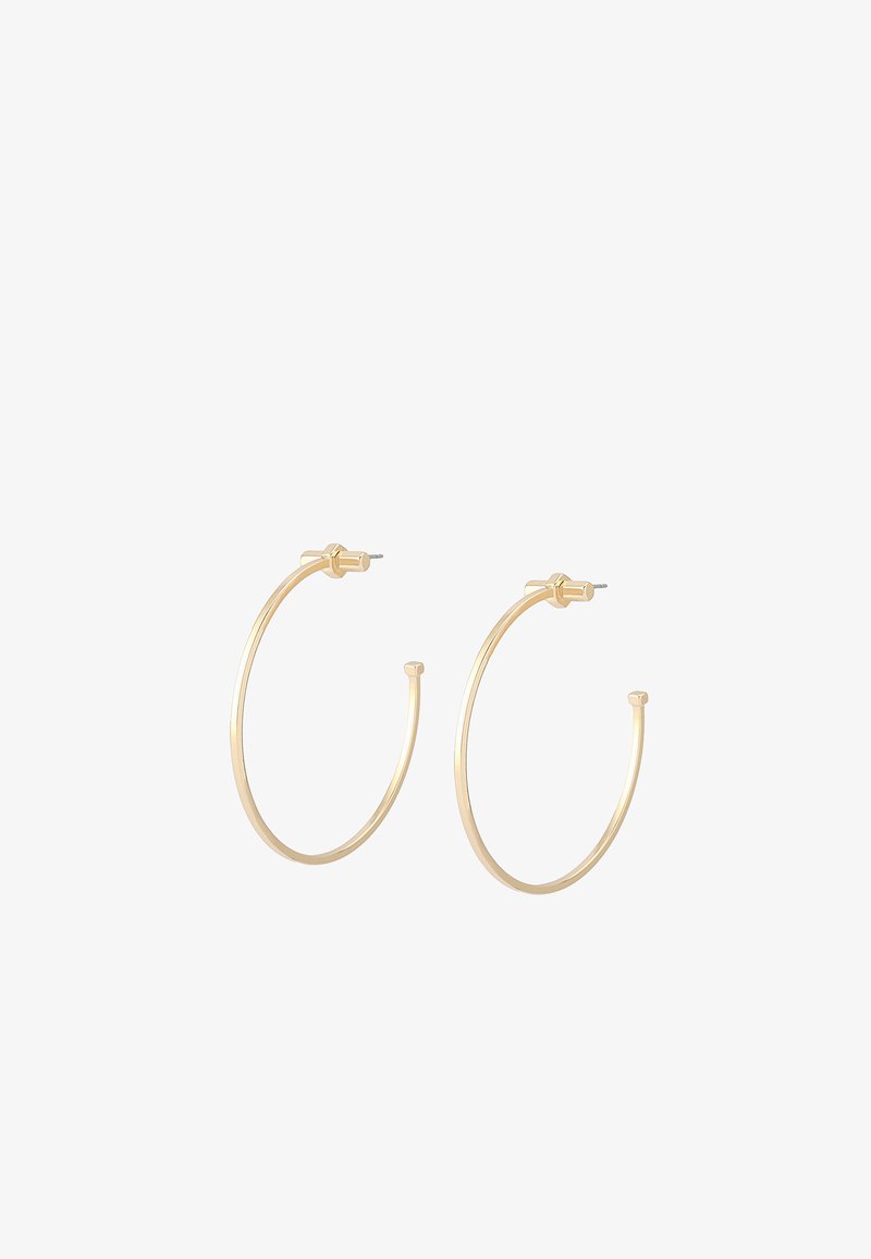 Thin gold hoop earrings with post backings, shown side by side on a white background.