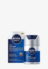NIVEA MEN Anti-Age Hyaluron moisturizer in a 50ml silver and blue container, featuring a pump top and hexagonal logo on the packaging.