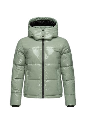 Veste à puffer verte, brillante, avec capuche, fermeture éclair et boutons-pression. Comprend un motif matelassé et des poignets élastiques.