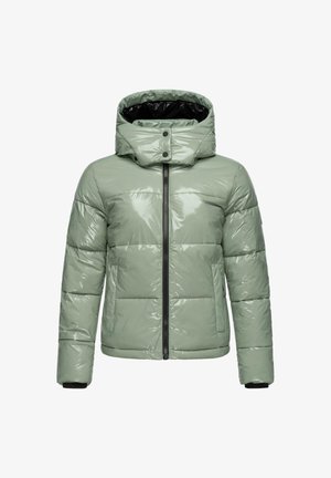 Giacca a vento verde lucido con cappuccio, chiusura a zip e bottoni a pressione. Presenta una texture trapuntata e polsini elasticizzati.