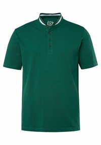 Zelené polo tričko s krátkým límečkem, tříknoflíkovou légou a bílými pruhovanými akcenty na límečku. Texturovaná tkanina, volný střih.