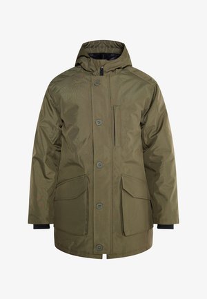 Olivgrüne wasserabweisende Jacke mit Reißverschluss, Kapuze, vier Fronttaschen und gerippten Bündchen. Glatte Textur und ein gerader Schnitt.