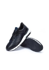 Black leather sneakers feature a sleek design, white rubber sole, mesh accents, and a lace-up closure. Subtle branding on the tongue.