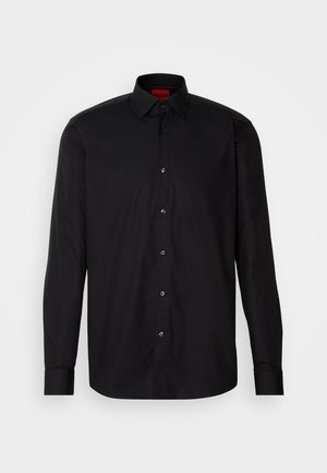 Black long-sleeve shirt made from smooth fabric, featuring a classic collared neck, button front closure, and tailored fit.