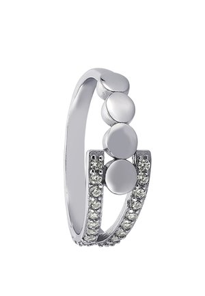 Bague en argent ornée de trois accents sphériques lisses et d'une rangée de petites pierres claires sur un côté. Surface lisse et polie.