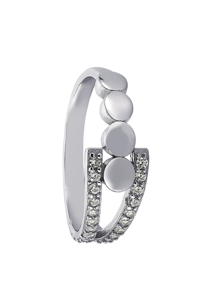 Bague en argent ornée de trois accents sphériques lisses et d'une rangée de petites pierres claires sur un côté. Surface lisse et polie.