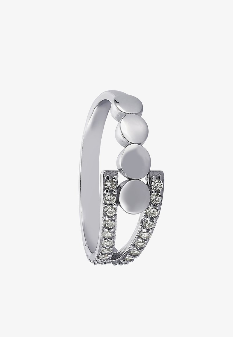 Bague en argent ornée de trois accents sphériques lisses et d'une rangée de petites pierres claires sur un côté. Surface lisse et polie.