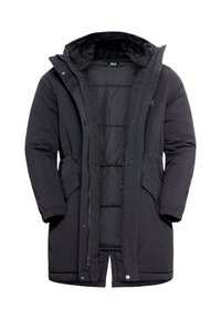 Zwarte geïsoleerde parka met een rits- en drukknoopsluiting, ruime buitenzakken, ribbels aan de manchetten en een verstelbare capuchon. Glad, duurzaam materiaal.