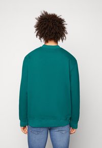 Tyrkysově modrá mikina s dlouhými vsazenými rukávy a žebrovaným výstřihem. Měkká textura, volný střih a rovný lem. Nošena s světle modrými džínami.