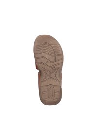 Semelle de sandale en caoutchouc marron avec un motif de grip, présentant des rainures profondes pour une meilleure traction et un design de bout arrondi, marqué de la marque "rieker."