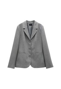 Gray pinstriped blazer with a notched collar, three front buttons, and two side pockets. Smooth fabric and tailored fit.