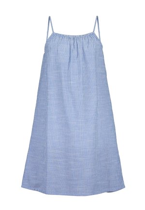 Blå og hvide lodrette stribede ærmeløs kjole med tynde skulderstropper og rynket halsudskæring, knælang, løs pasform.