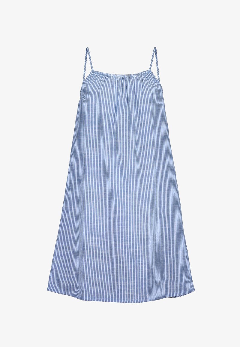 Robe sans manches à rayures verticales bleu et blanc avec fines bretelles et encolure froncée, longueur genou, coupe ample.