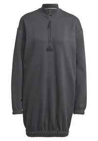 Mörkgrå tröjdress med hög krage, kvartdragkedja fram, resår nederkant och en texturerad logotriangel på bröstet. Mjuk material.