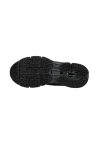 Sole di scarpa atletica nera con superficie testurizzata, caratterizzata da modelli di battistrada multidirezionali e una sezione trasparente per flessibilità.