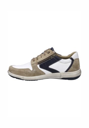Beige suede sneaker with white leather accents and navy blue details; features a zipper, round toe, and textured rubber sole.