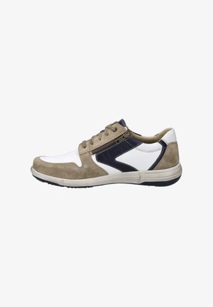Beige suede sneaker with white leather accents and navy blue details; features a zipper, round toe, and textured rubber sole.