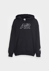 Svart Nike-hoodie med "AIR" och swoosh-logotyp på bröstet och ärmarna, framficka, och dragsko på huva på vit bakgrund.