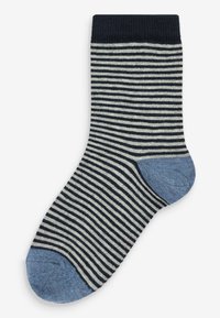 Calze a righe con un polsino a coste blu navy, strisce azzurre e blu scure, e punta e tallone rinforzati di colore azzurro chiaro. Materiale in misto cotone.