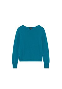 Maglione turchese a maglia con scollo rotondo, maniche lunghe e polsini a costine. Tessuto liscio con silhouette aderente.