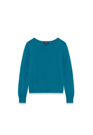 Turquoise knit sweater with a rounded neckline, long sleeves, and ribbed cuffs. Smooth texture with a fitted silhouette.