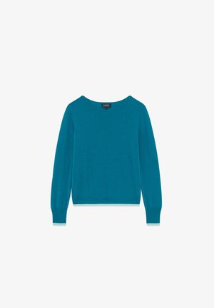 Turquoise gebreide trui met een ronde halslijn, lange mouwen en geribbelde manchetten. Soepele textuur met een aansluitende snit.