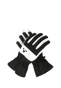 Svarta och vita handskar med elastiskt manschett, texturerat grepp på fingrarna och en elegant design. Har en triangulär logotyp på baksidan.
