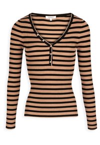 Haut à manches longues côtelé avec encolure en V, présentant des rayures horizontales alternées beige et noir, fermeture à boutons et silhouette ajustée.