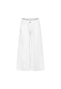 Pantaloni in denim bianco a gamba larga con chiusura frontale a bottone, due tasche laterali e un dettaglio con zip sulla tasca destra.
