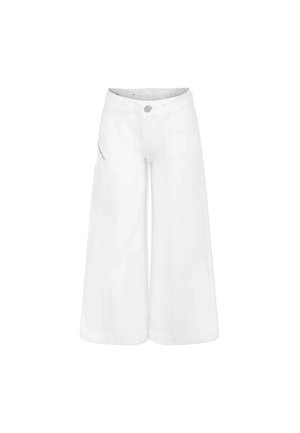 Pantaloni in denim bianco a gamba larga con chiusura frontale a bottone, due tasche laterali e un dettaglio con zip sulla tasca destra.