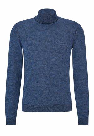 Blue knit turtleneck sweater with long sleeves, ribbed cuffs, and hem. The texture is smooth with a subtle, uniform pattern.