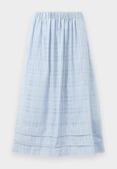 Light blue skirt with an elastic waistband, featuring a plaid pattern and a flowy design. Made from a soft, lightweight fabric with subtle texture.