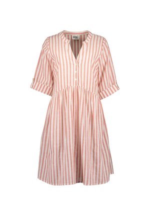 Gestreiftes Kleid aus weicher Baumwolle mit einem geknöpften Ausschnitt, kurzen aufgerollten Ärmeln und einer A-Linien-Silhouette mit ausgestelltem Rock.